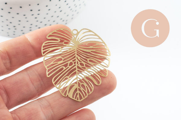 Pendentif feuille monstera laiton brut 49mm, création bijoux laiton brut x1 (G0908)