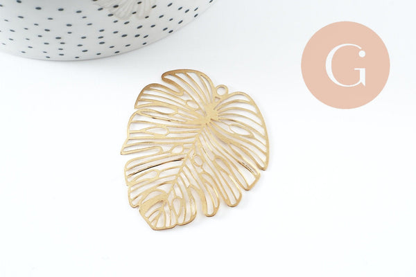 Pendentif feuille monstera laiton brut 49mm, création bijoux laiton brut x1 (G0908)