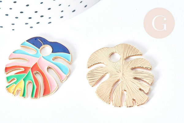 Pendentif feuille monstera zamac doré émaux colorés 33.5x30mm, Pendentif très fin et léger pour création de bijoux, x1 G8083