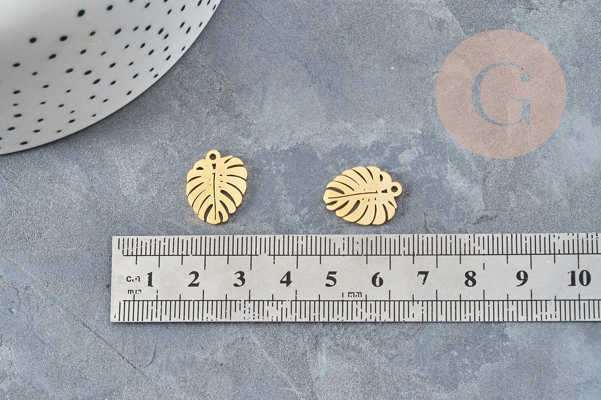 Pendentif feuille monsterosa acier 201 doré inoxydable 17mm, x1 (G5690)
