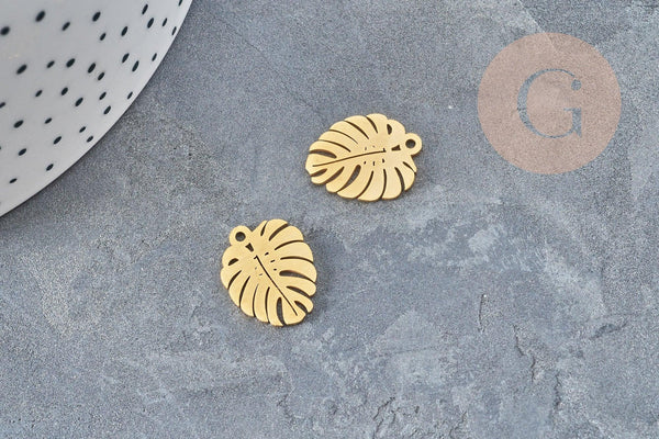 Pendentif feuille monsterosa acier 201 doré inoxydable 17mm, x1 (G5690)