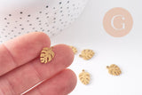 Pendentif feuille monsterosa acier 304 doré inoxydable IP 13mm, x2 (G10541)