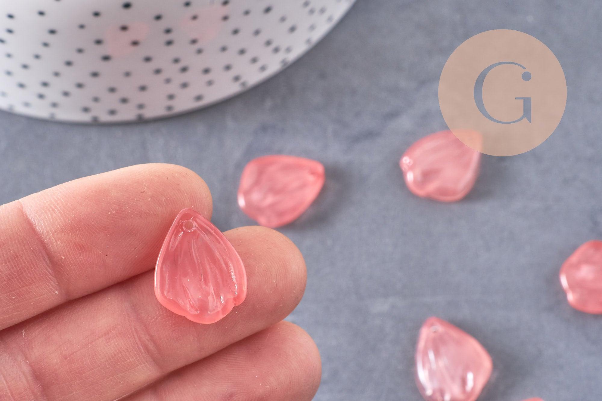 Pendentif feuille pétale verre rose corail 19mm, perles verre tchèque, perle végétale style art déco, x10 (G4191)
