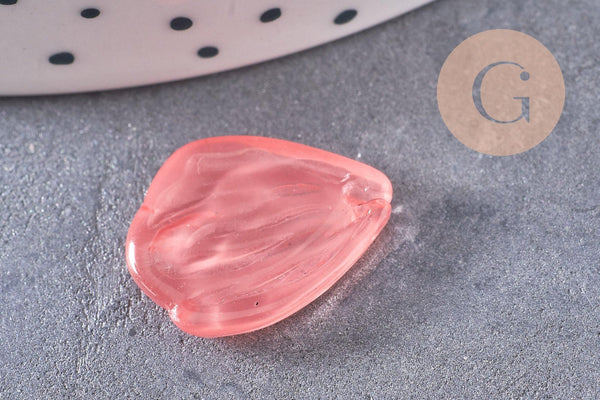 Pendentif feuille pétale verre rose corail 19mm, perles verre tchèque, perle végétale style art déco, x10 (G4191)