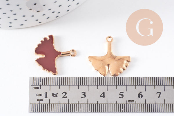 Pendentif feuilles gingko zamac doré émail bordeau,breloque laiton feuille Gingko pour création bijoux doré,22.5mm, x2 (G5285)