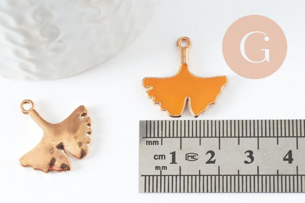 Pendentif feuilles gingko zamac doré émail jaune,breloque laiton feuille Gingko pour création bijoux doré, 22.5mm, x2 (G5281)