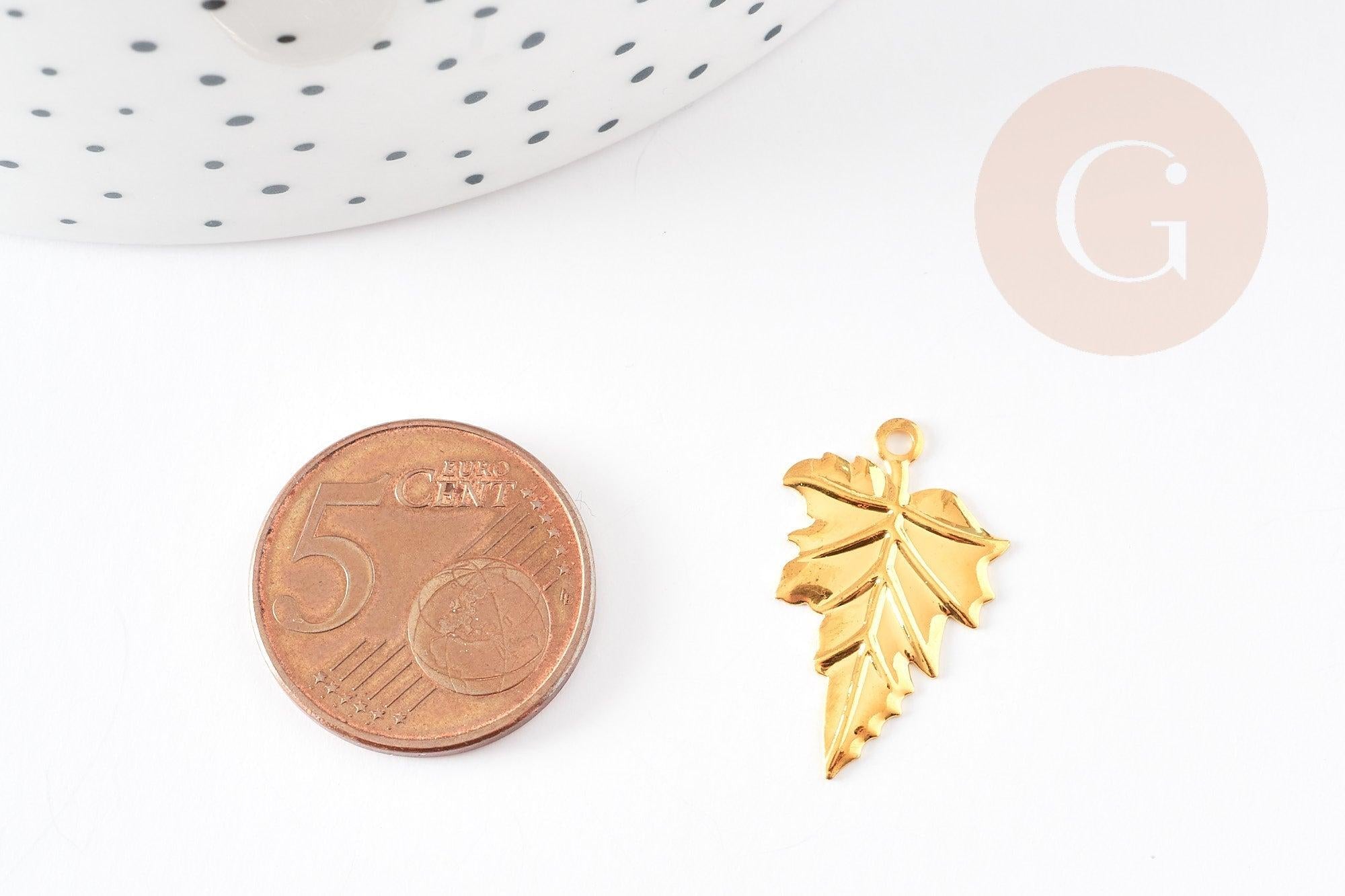 Pendentif feuilles laiton doré 18K 23mm,breloque laiton feuille arbre, x5 (G3568)