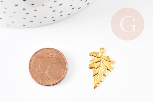 Pendentif feuilles laiton doré 18K 23mm,breloque laiton feuille arbre, x5 (G3568)