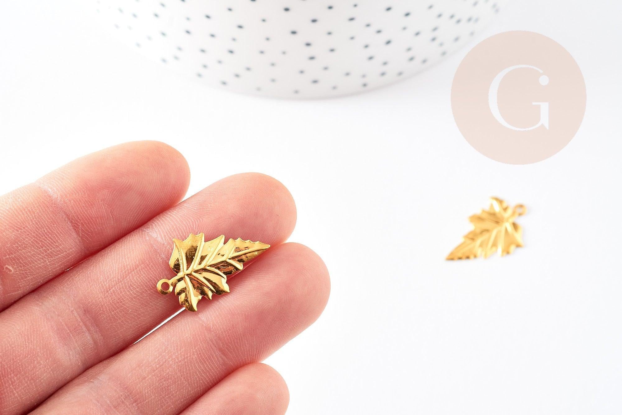 Pendentif feuilles laiton doré 18K 23mm,breloque laiton feuille arbre, x5 (G3568)