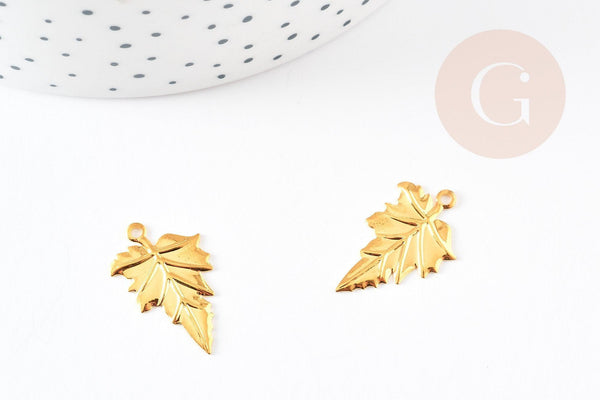 Pendentif feuilles laiton doré 18K 23mm,breloque laiton feuille arbre, x5 (G3568)