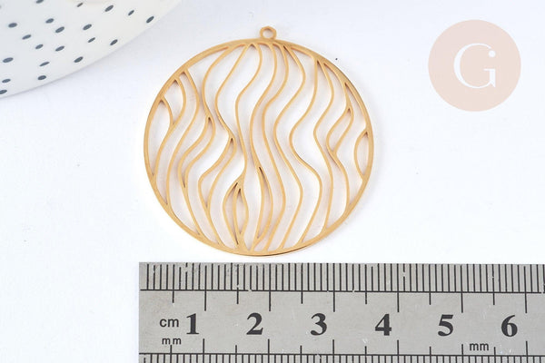 Pendentif filigrane rond vagues acier inoxydable 201 doré 39mm, création bijoux acier inoxydable, x1 G7255