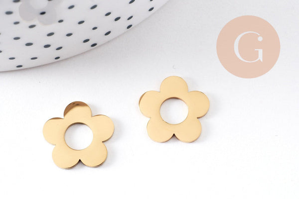 Pendentif fleur acier 304 inoxydable doré PVD percée 16mm, x1 (G10334)