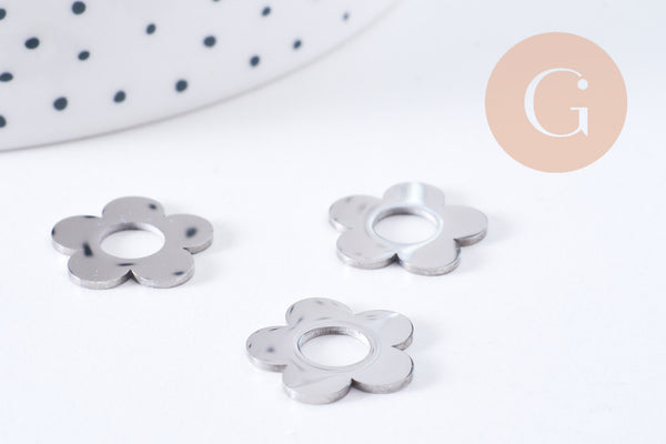 Pendentif fleur acier 304 inoxydable platine percé 16mm, x1 (G10640)