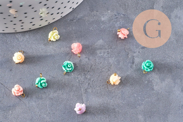 Pendentif fleur de rose résine multicolore support laiton doré 9x7mm, x10 (G4571)