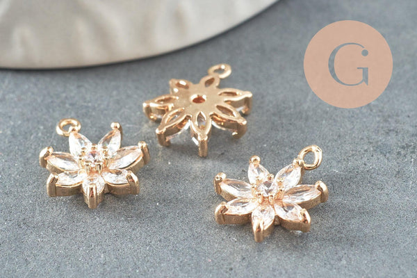 Pendentif fleur doré 24 carats zircon blanc 15mm, x1 (G4033)