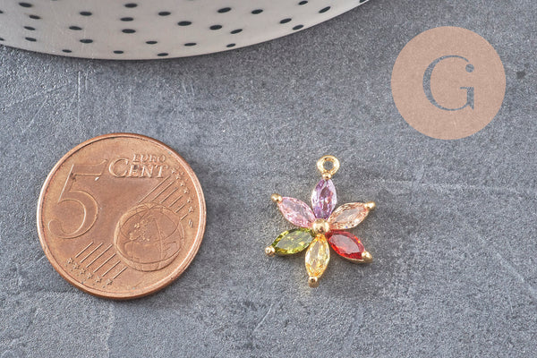 Pendentif fleur doré 24 carats zircon multicolore,pendentif doré cristal, 17mm, x1 (G5525)