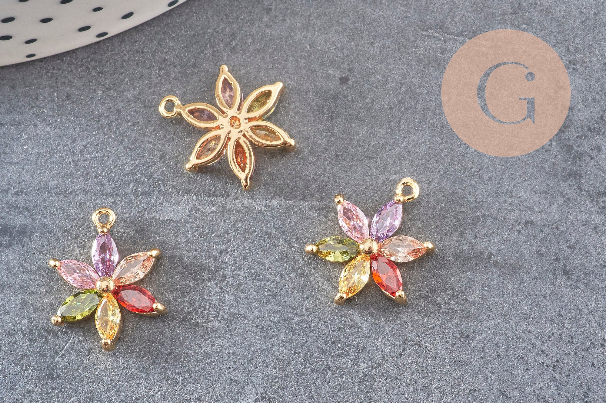 Pendentif fleur doré 24 carats zircon multicolore,pendentif doré cristal, 17mm, x1 (G5525)