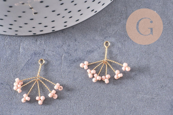 Pendentif fleur flocon perle rocaille rose laiton doré, Pendentif bijou laiton, 21mm, X2 (G3789)