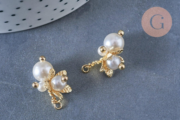 Pendentif fleur imitation perle blanc crème laiton doré 21mm,pendentif plastique,création bijoux plastique x1 G6963