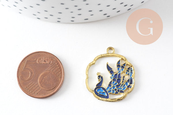 Pendentif fleur paon émail bleu zamac doré 25mm, x2 (G4276)