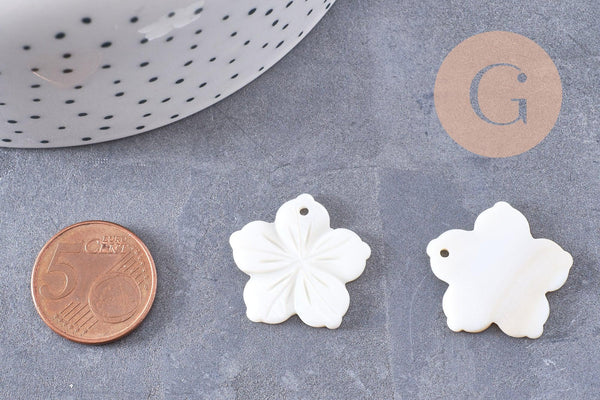 Pendentif fleur pensée nacre blanche naturelle 22.5mm, x2 (G10228)