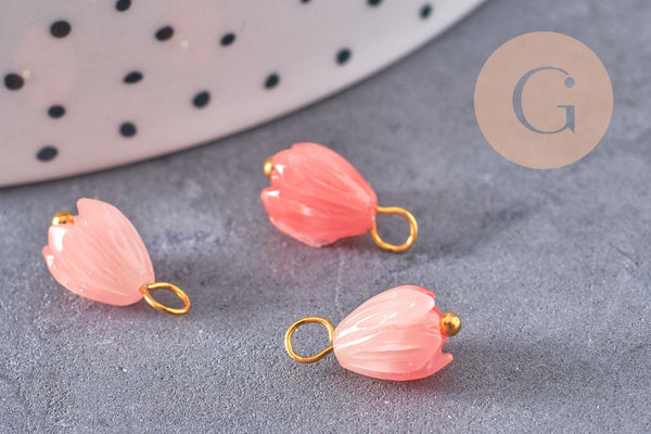 Pendentif fleur résine rose laiton doré 13mm, pendentif bourgeon fleur, x10 (G7087)