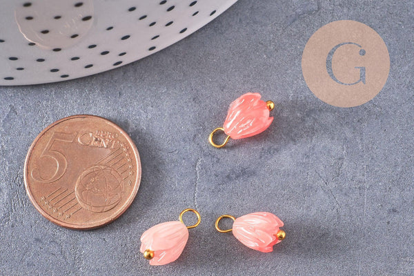 Pendentif fleur résine rose laiton doré 13mm, pendentif bourgeon fleur, x10 (G7087)