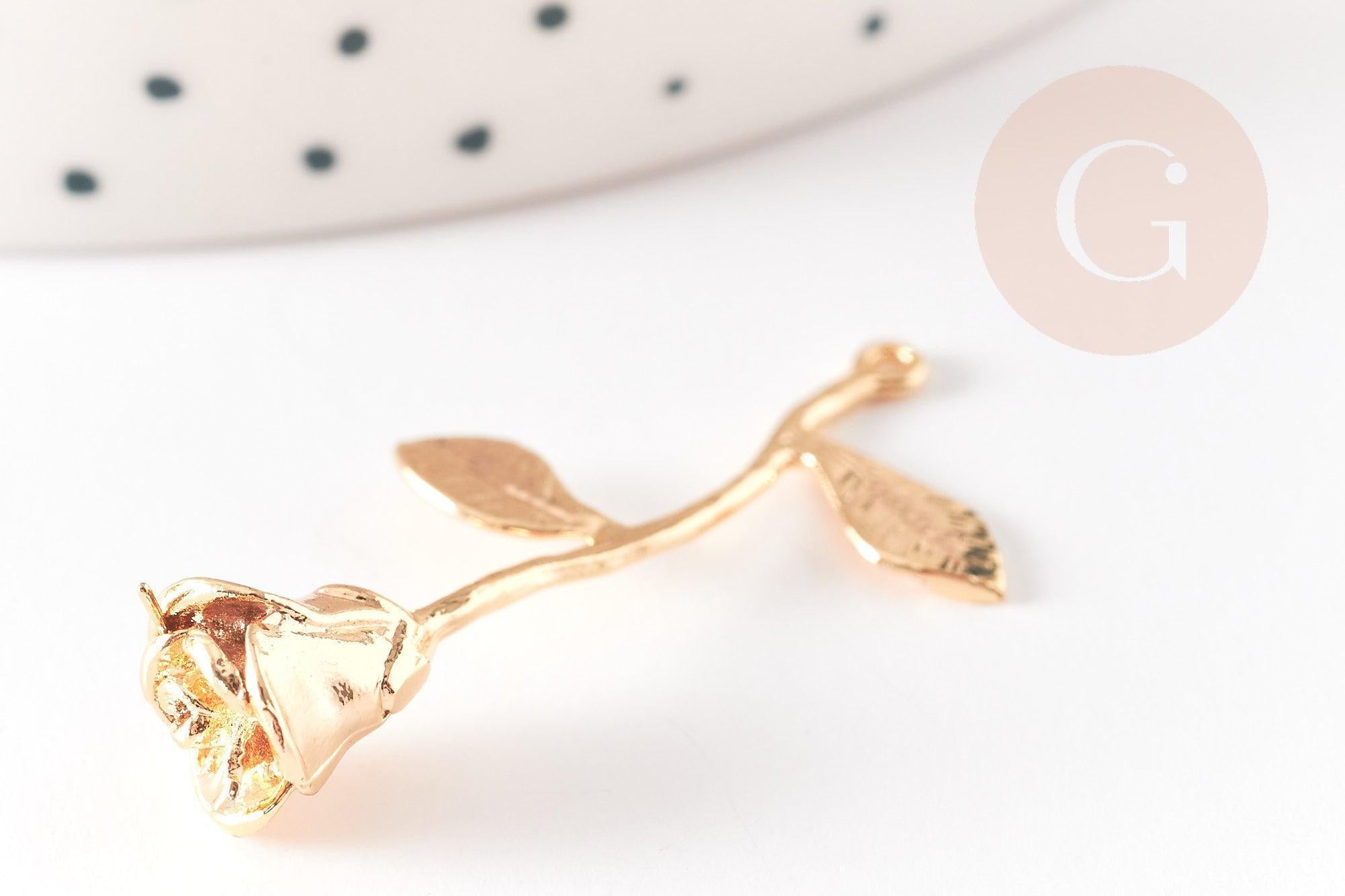 Pendentif fleur rose doré 18K, Pendentif bijou laiton,fleur laiton bijoux,37mm, x1 G6429