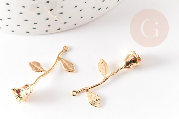 Pendentif fleur rose doré 18K, Pendentif bijou laiton,fleur laiton bijoux,37mm, x1 G6429