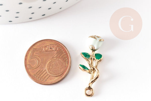 Pendentif fleur rose émail blanc, Pendentif zamac doré, bijou laiton,fleur création bijoux,pendentif zamac doré 28mm, x1 G3711