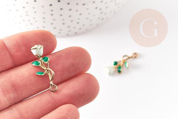 Pendentif fleur rose émail blanc, Pendentif zamac doré, bijou laiton,fleur création bijoux,pendentif zamac doré 28mm, x1 G3711