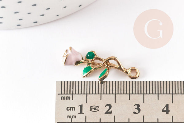 Pendentif fleur rose émail rose, Pendentif zamac doré, bijou laiton,fleur création bijoux,pendentif zamac doré,28mm, x1 G3710