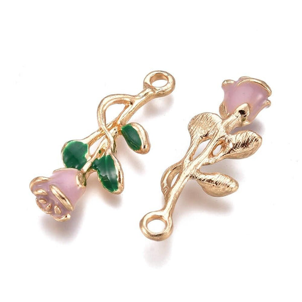 Pendentif fleur rose émail rose, Pendentif zamac doré, bijou laiton,fleur création bijoux,pendentif zamac doré,28mm, x1 G3710
