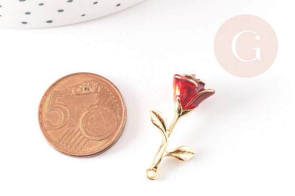 Pendentif fleur rose émail rouge, Pendentif laiton doré, bijou laiton,fleur laiton bijoux,pendentif fleur doré 27mm, x1 G3245