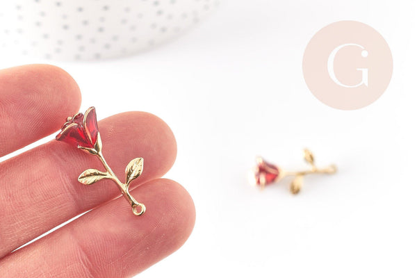 Pendentif fleur rose émail rouge, Pendentif laiton doré, bijou laiton,fleur laiton bijoux,pendentif fleur doré 27mm, x1 G3245