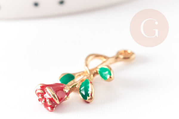 Pendentif fleur rose émail rouge, Pendentif zamac doré, bijou laiton,fleur création bijoux,pendentif zamac doré,28mm, x1 G3712