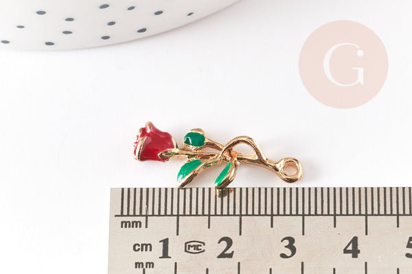 Pendentif fleur rose émail rouge, Pendentif zamac doré, bijou laiton,fleur création bijoux,pendentif zamac doré,28mm, x1 G3712