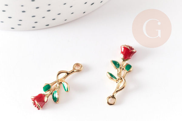 Pendentif fleur rose émail rouge, Pendentif zamac doré, bijou laiton,fleur création bijoux,pendentif zamac doré,28mm, x1 G3712
