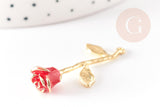 Pendentif fleur rose émail rouge laiton brut 38mm, x1 (G5299)