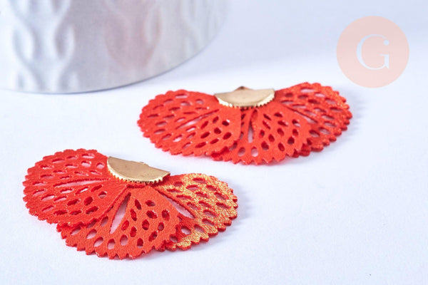 Pendentif fleur tissu soie rouge support doré,pendentif fleur en dentelle de tissu, 25x38mm, x2 (G4976)