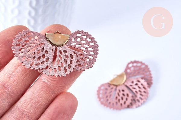 Pendentif fleur tissu soie vieux rose support doré,pendentif fleur en dentelle de tissu, 25x38mm, x2 (G5427)