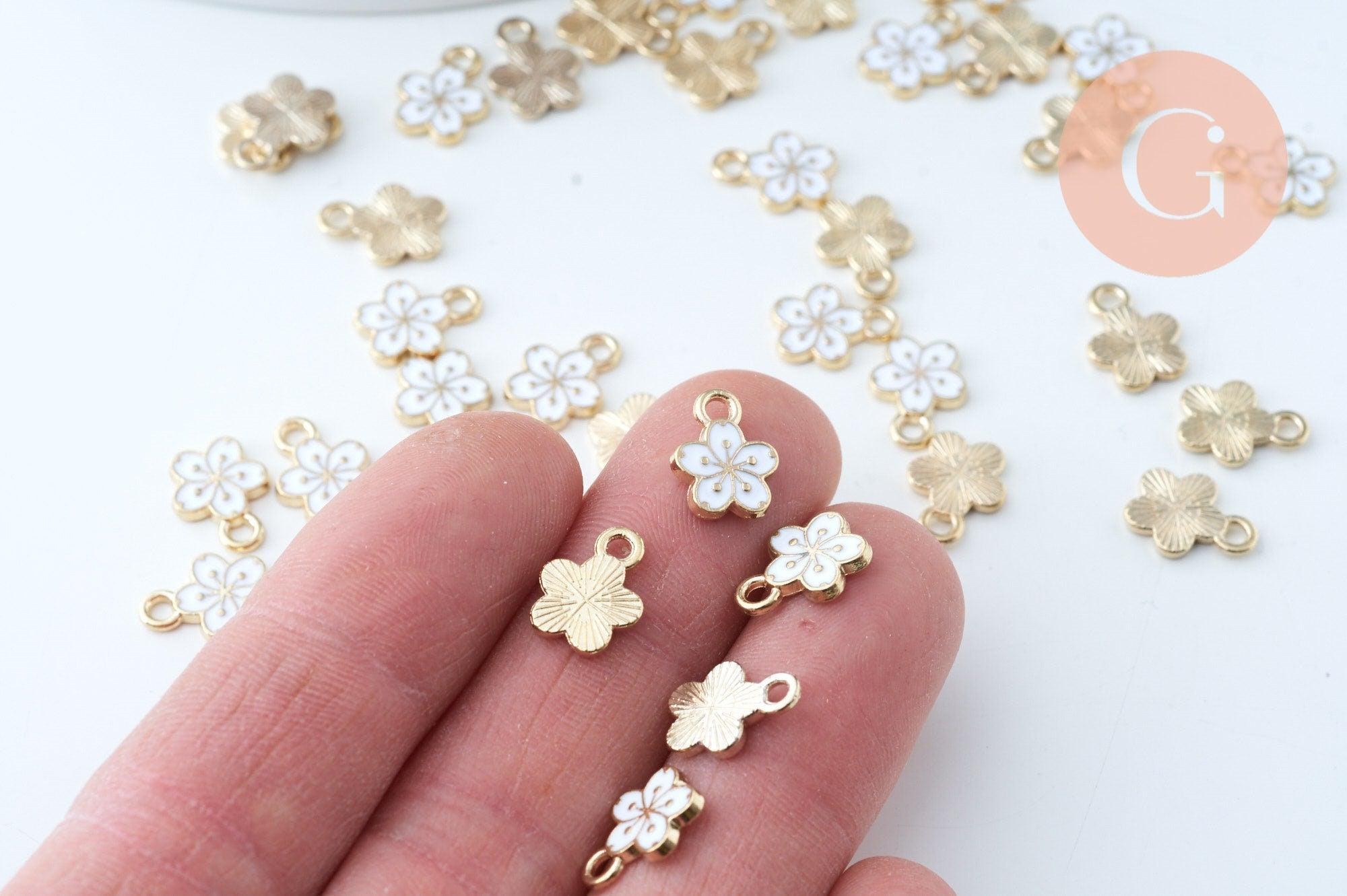 Pendentif fleur zamac doré émail blanc 12mm,pendentif doré pour création de bijoux, x5 (G6088)