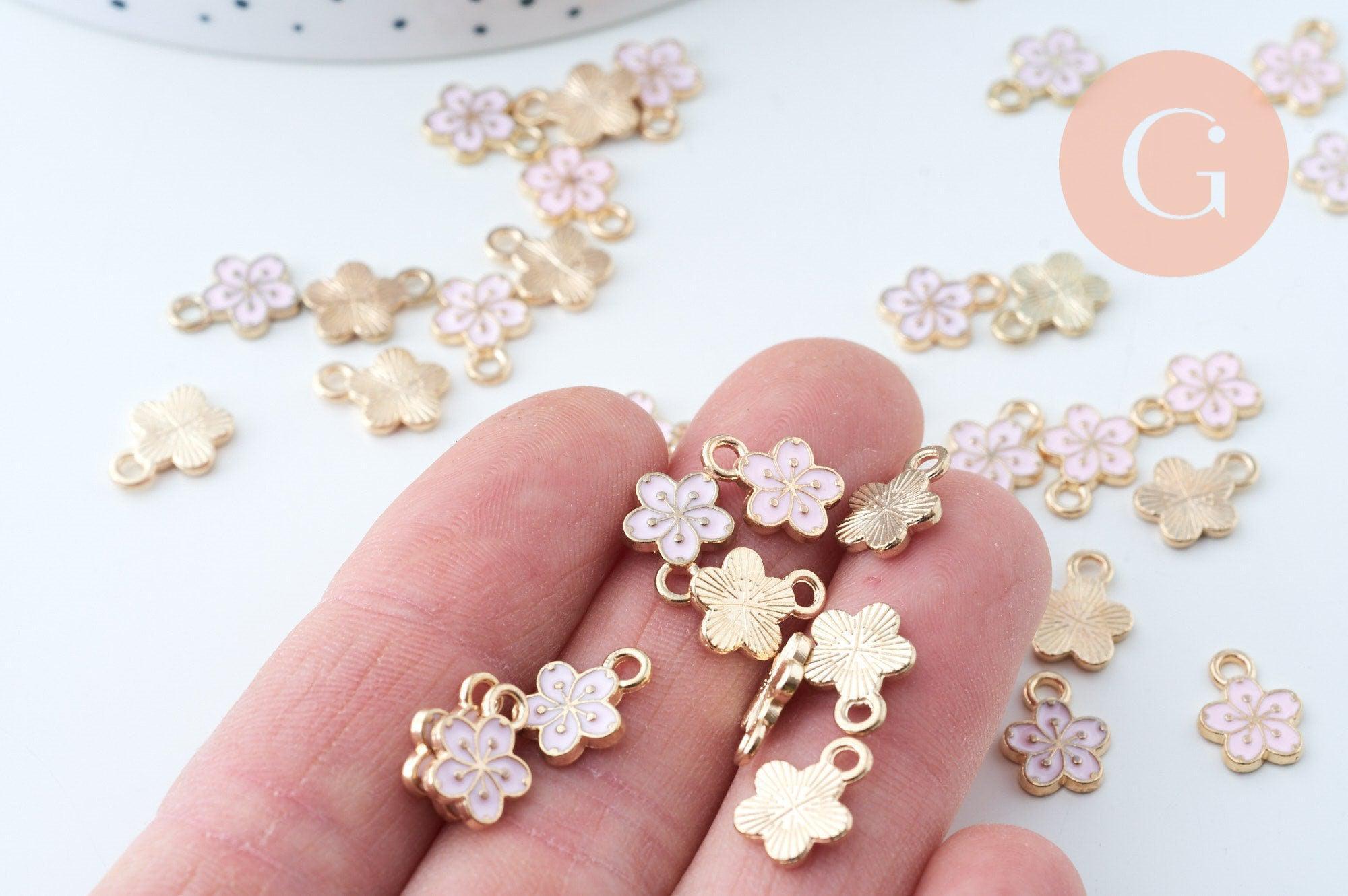 Pendentif fleur zamac doré émail rose 12mm, x5 (G6193)