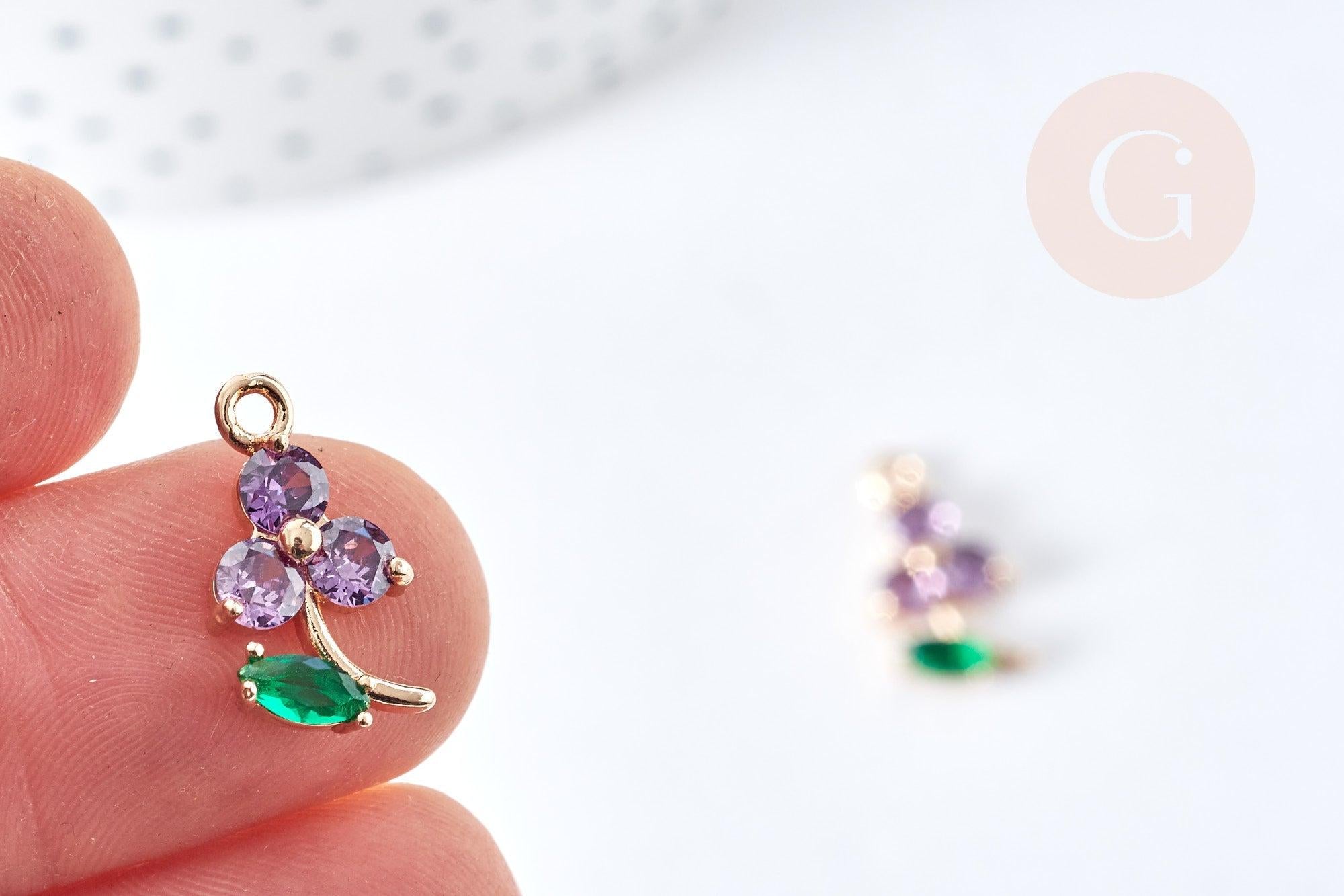 Pendentif fleur zircons violet laiton doré 17mm,pendentif fleurs création bijoux, x1 (G8404)