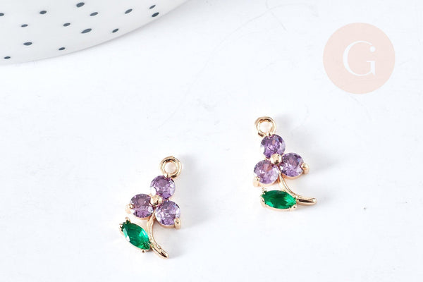 Pendentif fleur zircons violet laiton doré 17mm,pendentif fleurs création bijoux, x1 G8404