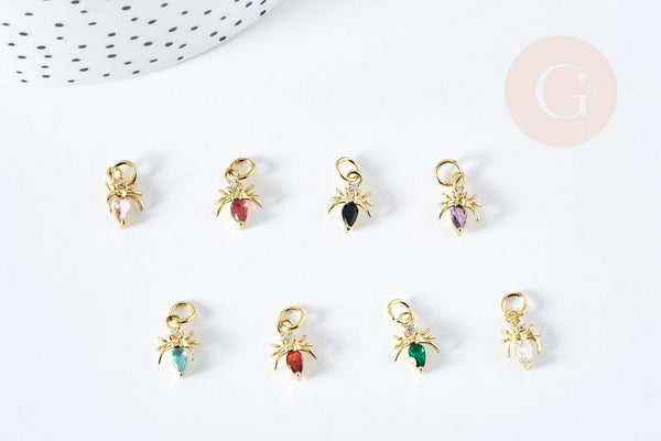 Pendentif fourmi laiton doré 18K zircon coloré 12mm, pendentif doré pour création de bijoux, x1 (G8590)