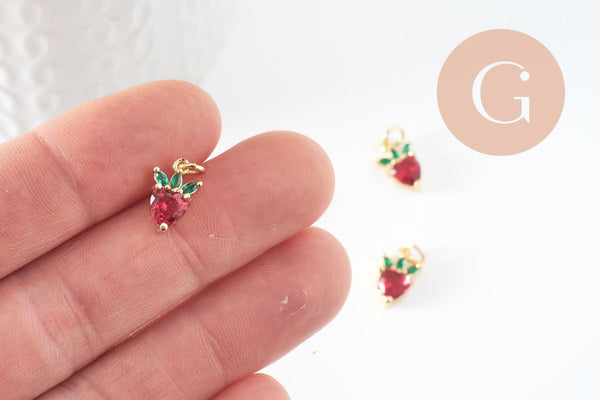 Pendentif fraise doré 18K zircons,pendentif fruit création bijoux, pendentif doré, 13mm, x1 (G4275)