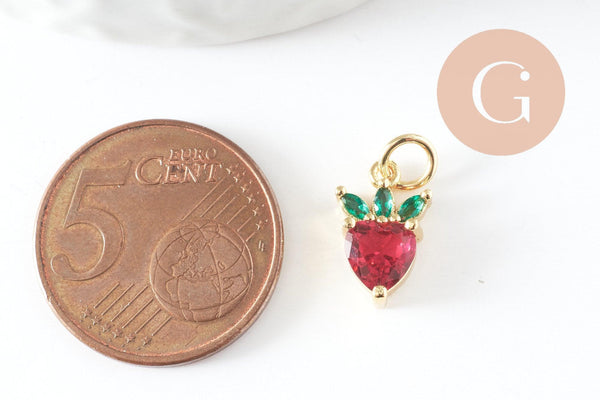 Pendentif fraise doré 18K zircons,pendentif fruit création bijoux, pendentif doré, 13mm, x1 (G4275)