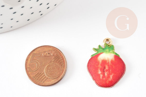 Pendentif fraise émaillée zamac doré 26mm, pendentif fruit création bijoux fantaisie, x1 G9169