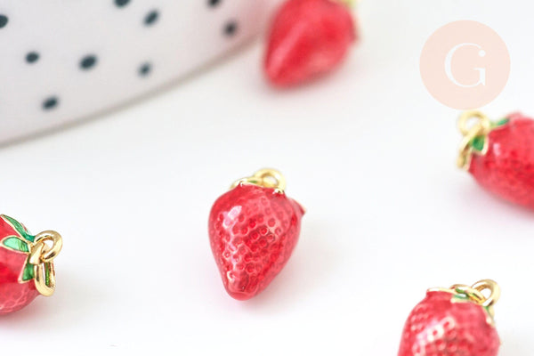 Pendentif fraise laiton doré 18K émail rouge 11.5mm, x1 (G5516)